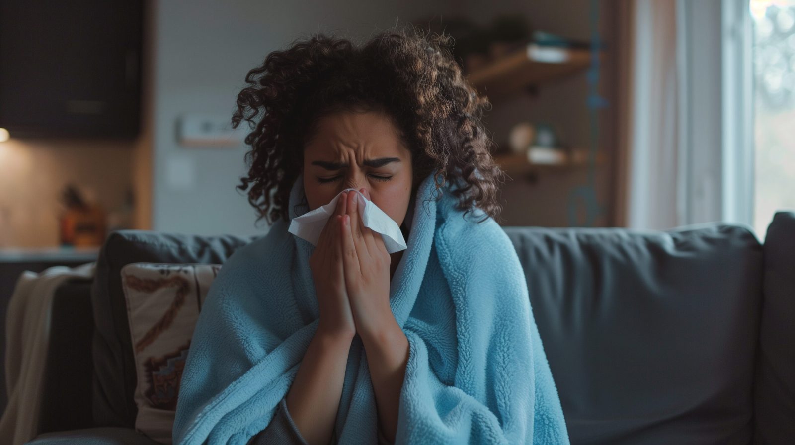 Woman with a blanket, sitting up and blowing her nose while recovering from illness.