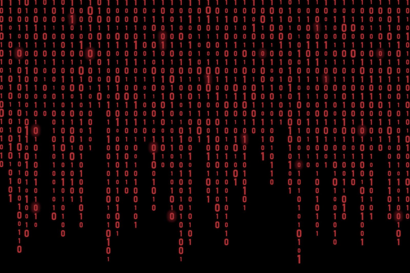Red binary code on a dark background.