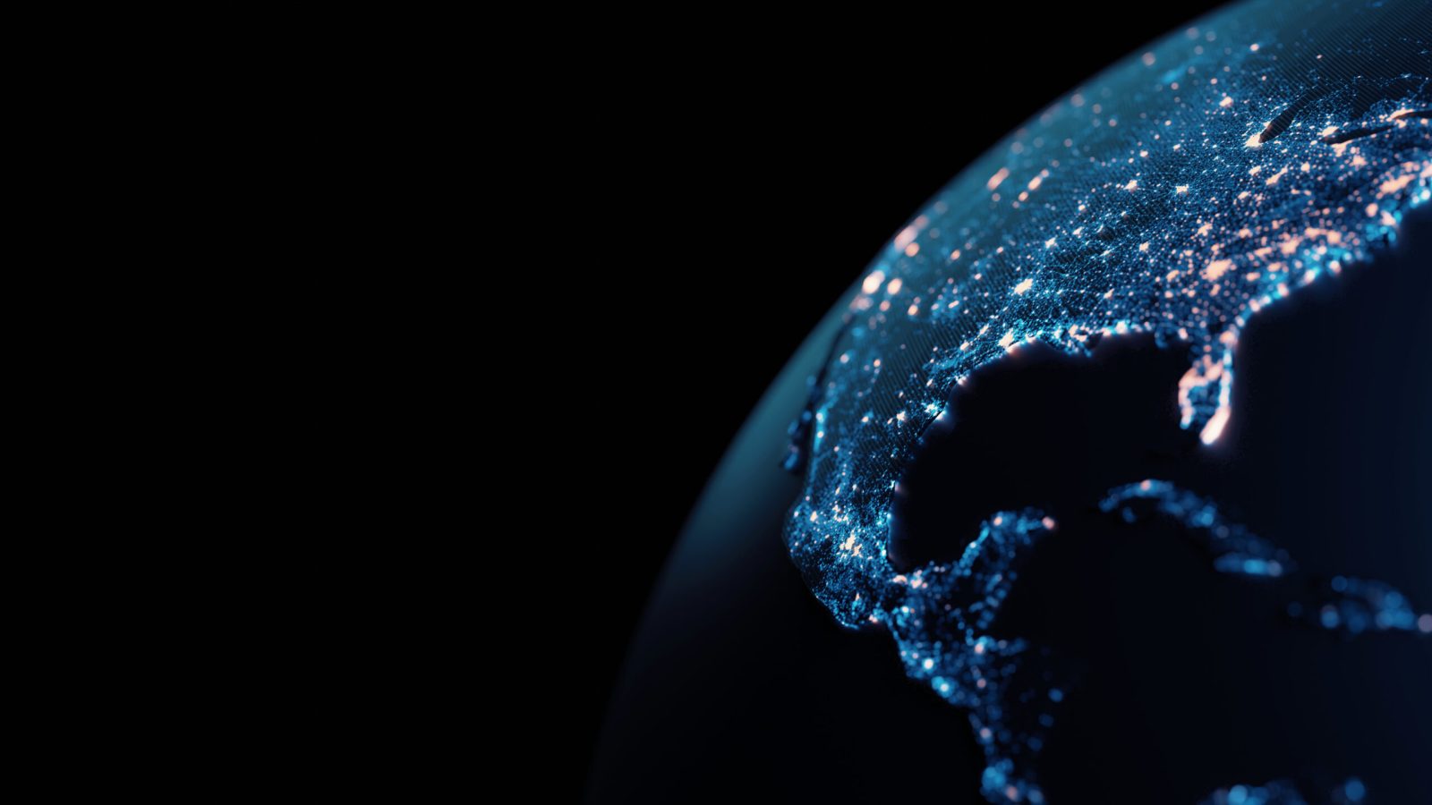 3D rendering of Earth at night, highlighting North America with glowing network connections.