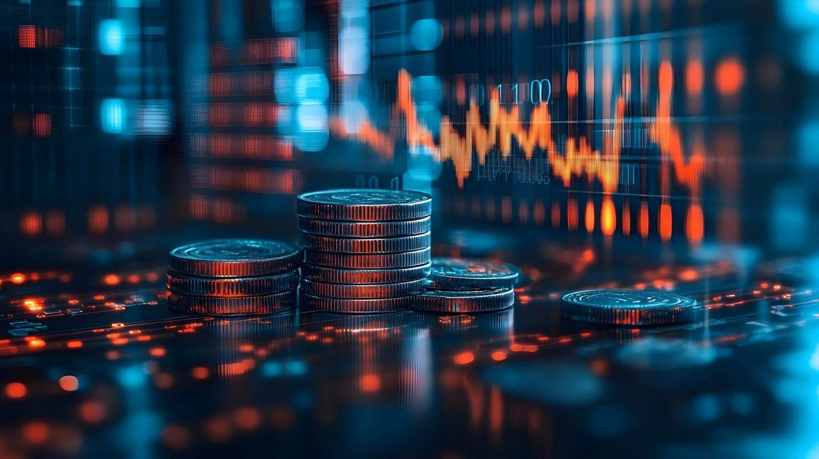 Digital money surrounded by graphs representing AI in finance.