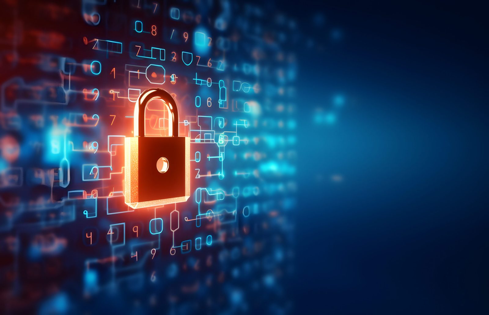 Digital padlock over firewall code, symbolising blocked emails and IT system issues.
