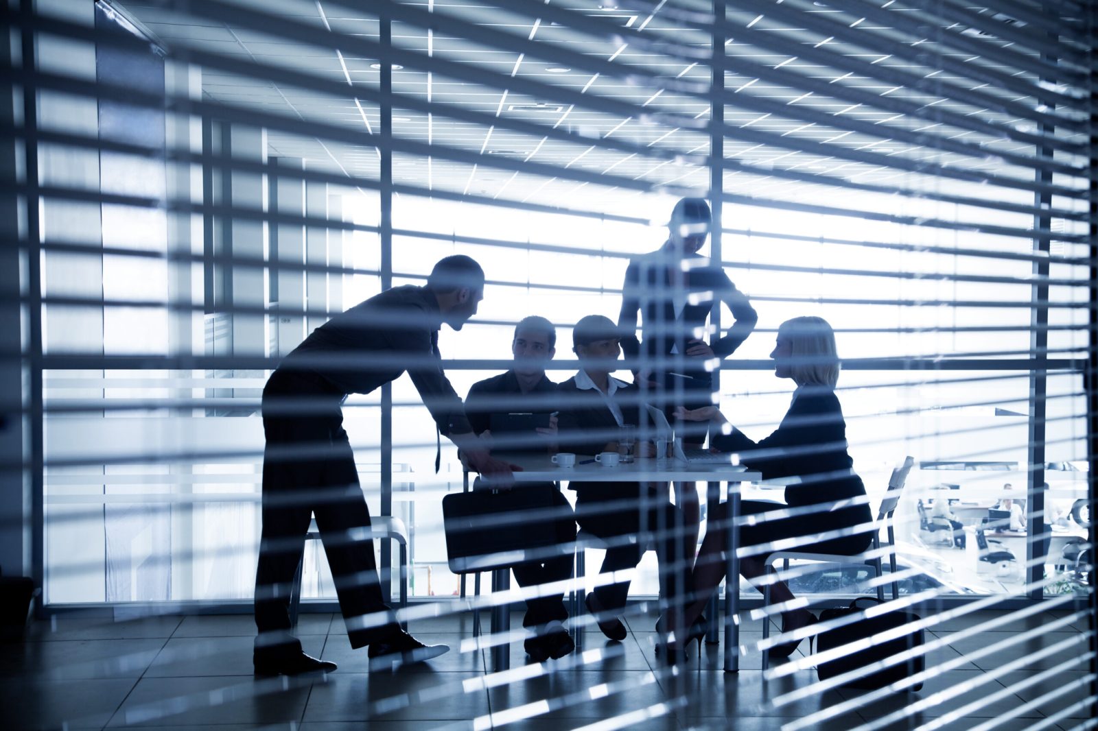 Business meeting seen through window blinds with men and women discussing ideas.