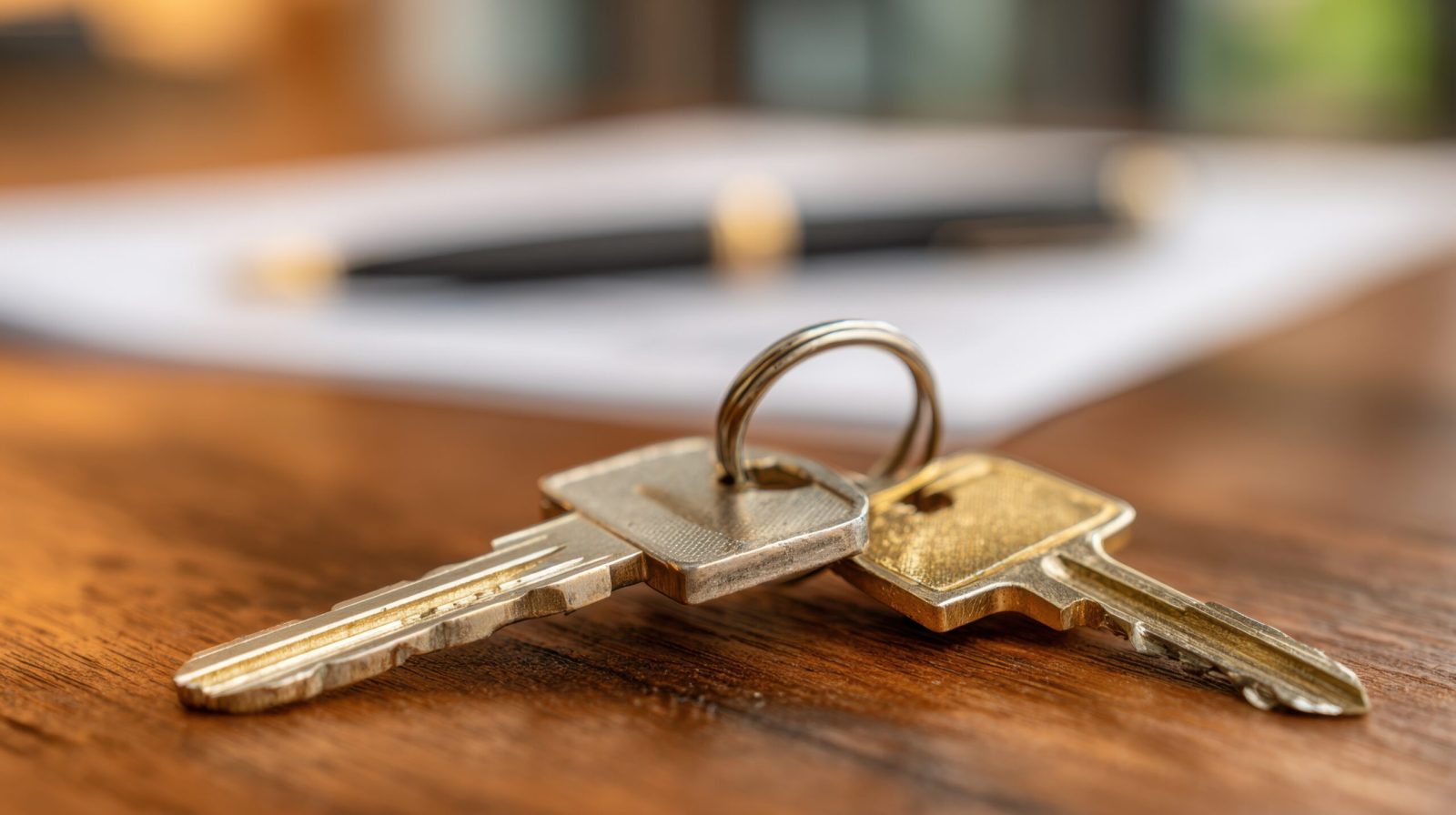 A pair of house keys resting on a wooden table.