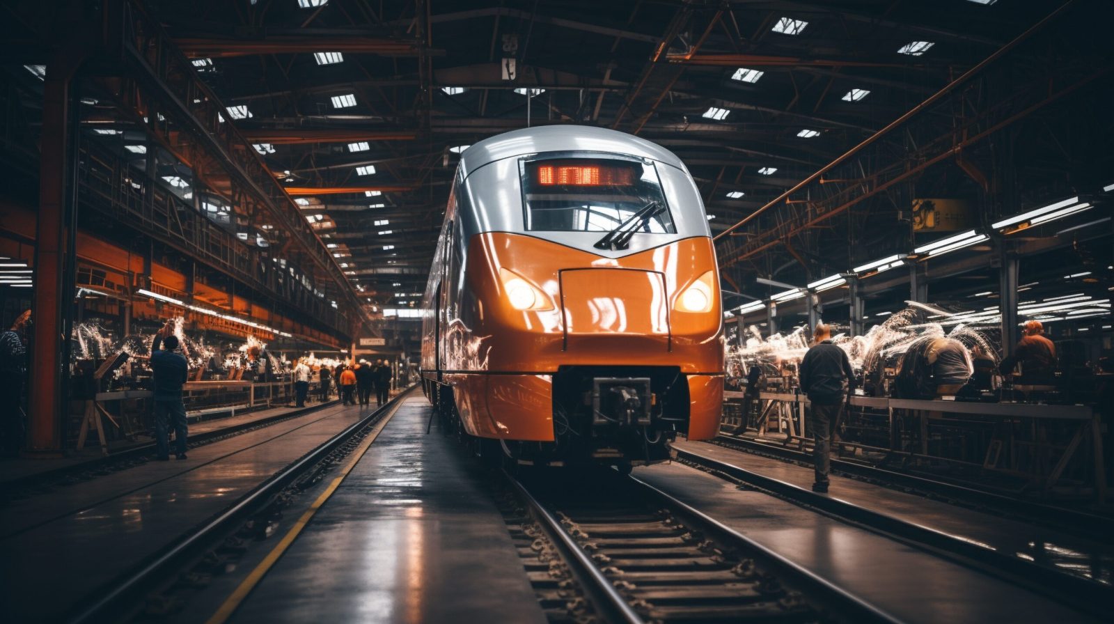 Train inside an industrial warehouse, highlighting engineering and maintenance operations.
