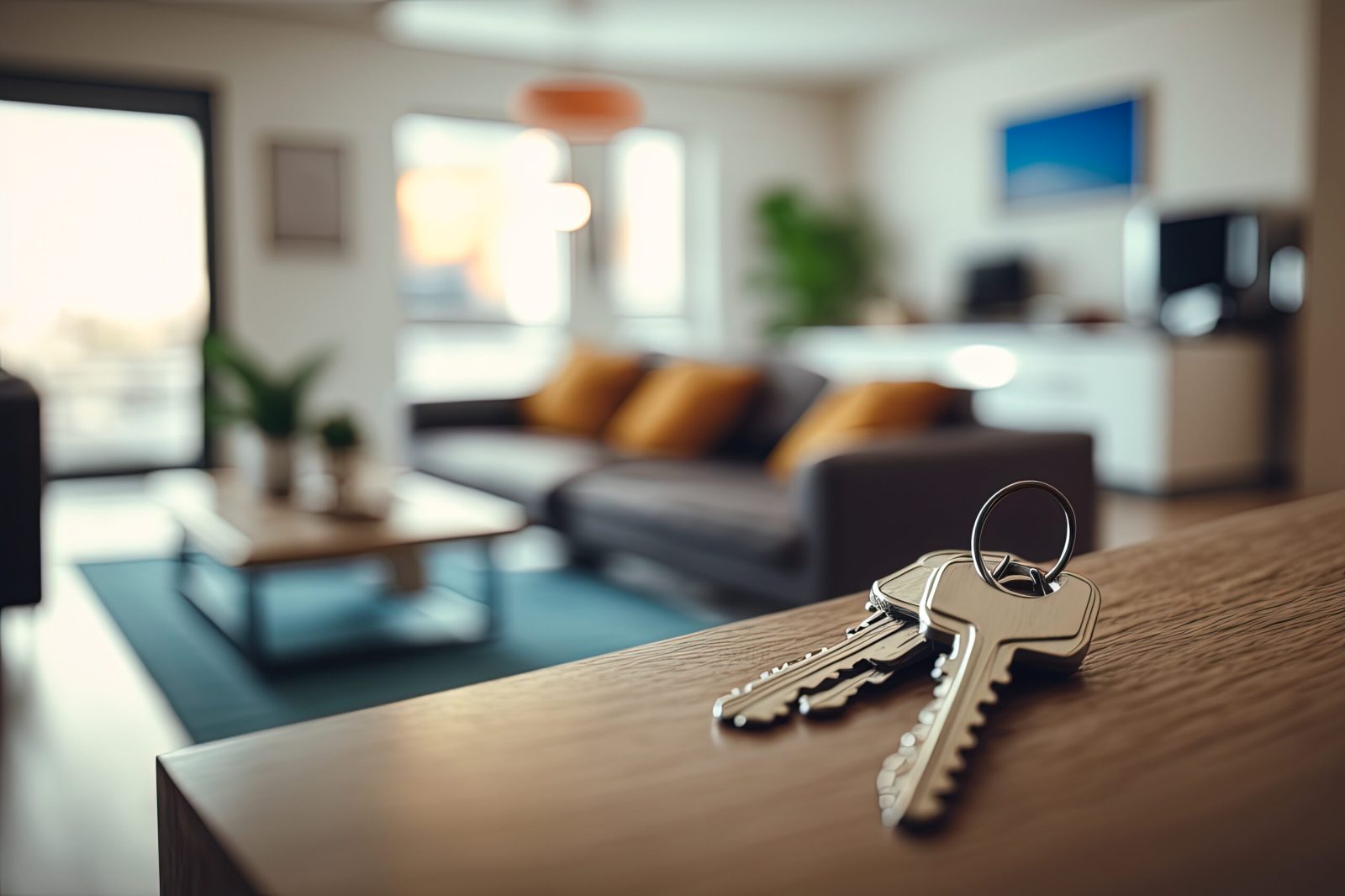 Pair of keys on a table with a rental property lounge in the background