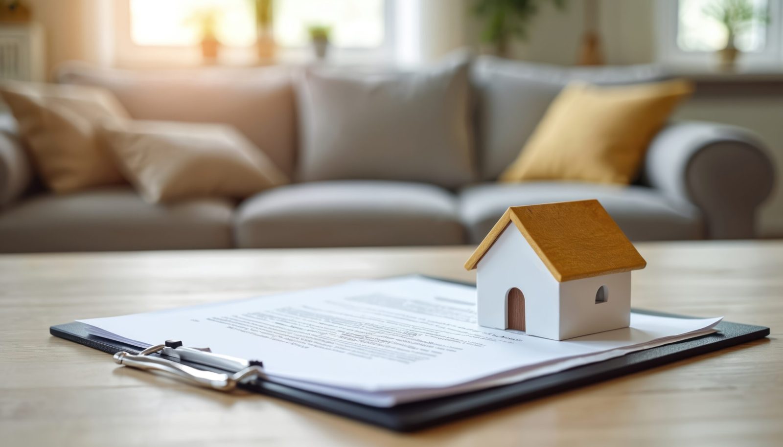 Small house on clipboard with checklist on coffee table in a lounge