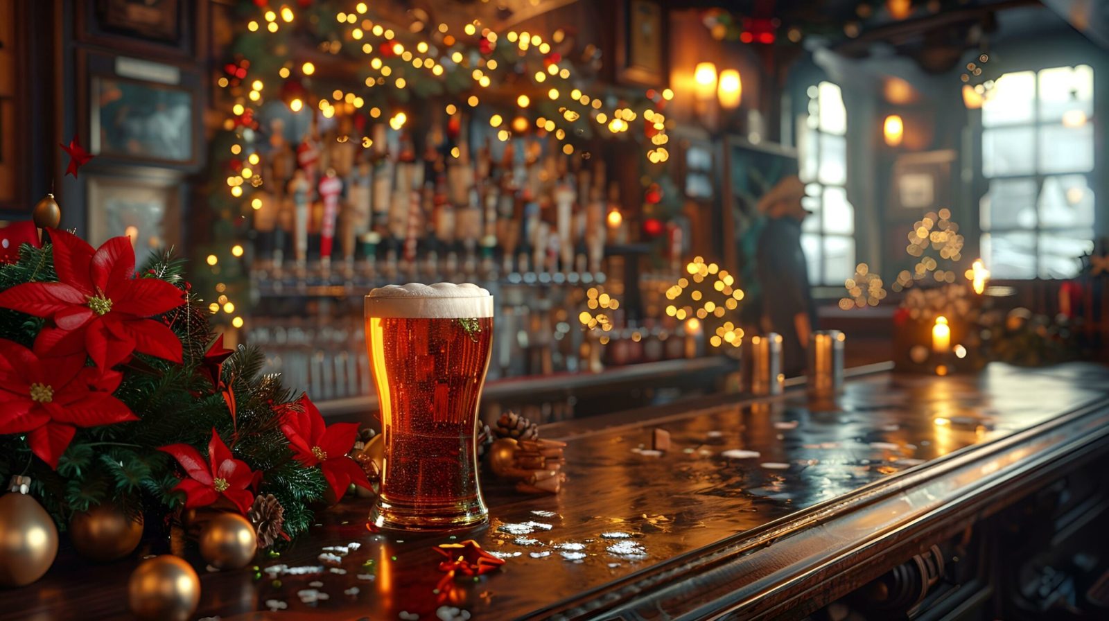 A warmly lit bar decorated with Christmas lights and festive garlands, with a pint of beer placed on the wooden bar top.