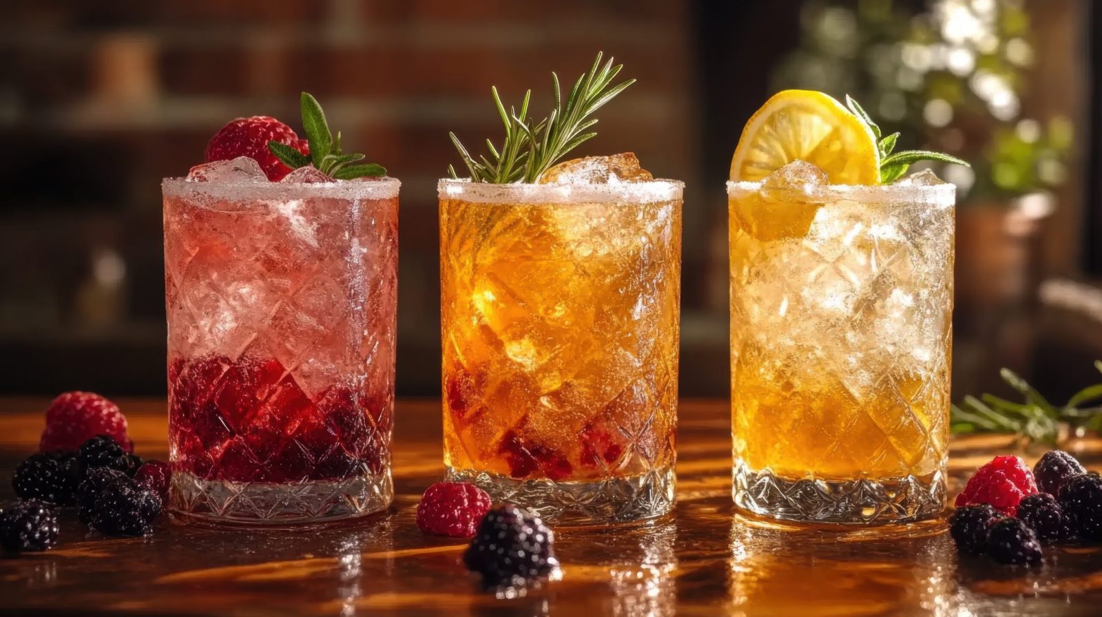 Colourful fruity cocktails and low-alcohol drinks served in cocktail glasses on a bar.
