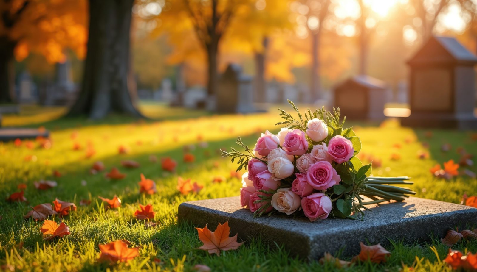 Flowers placed on a gravestone in a cemetery, symbolising remembrance and mourning.