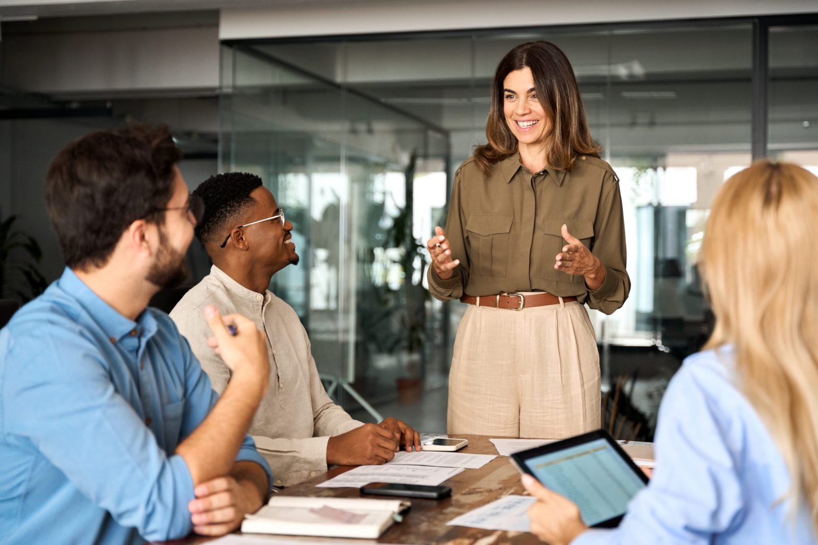 Female leader discussing workplace equality and menopause support with colleagues