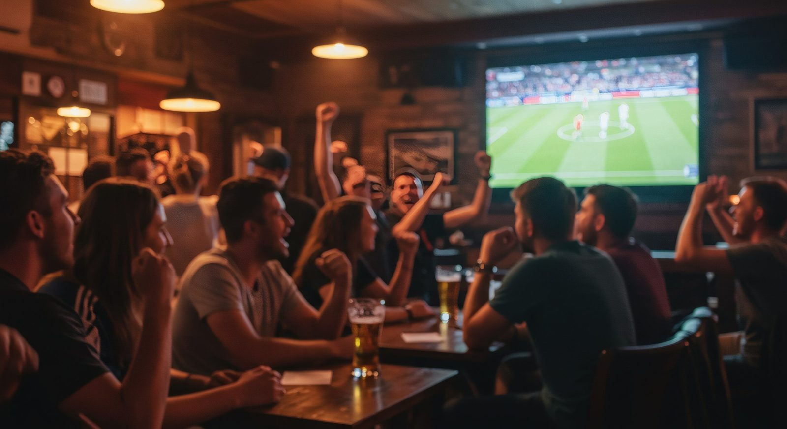 Crowd of people in a busy bar cheering during a live sports event.
