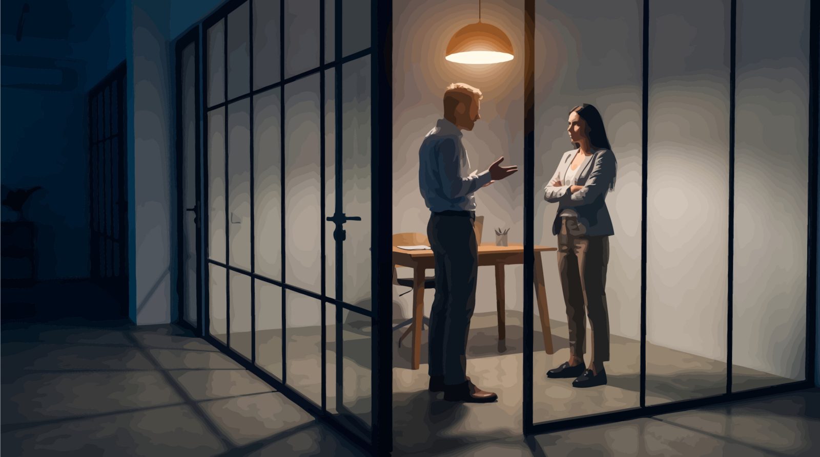 Manager and employee holding a formal discussion in a workplace meeting room.