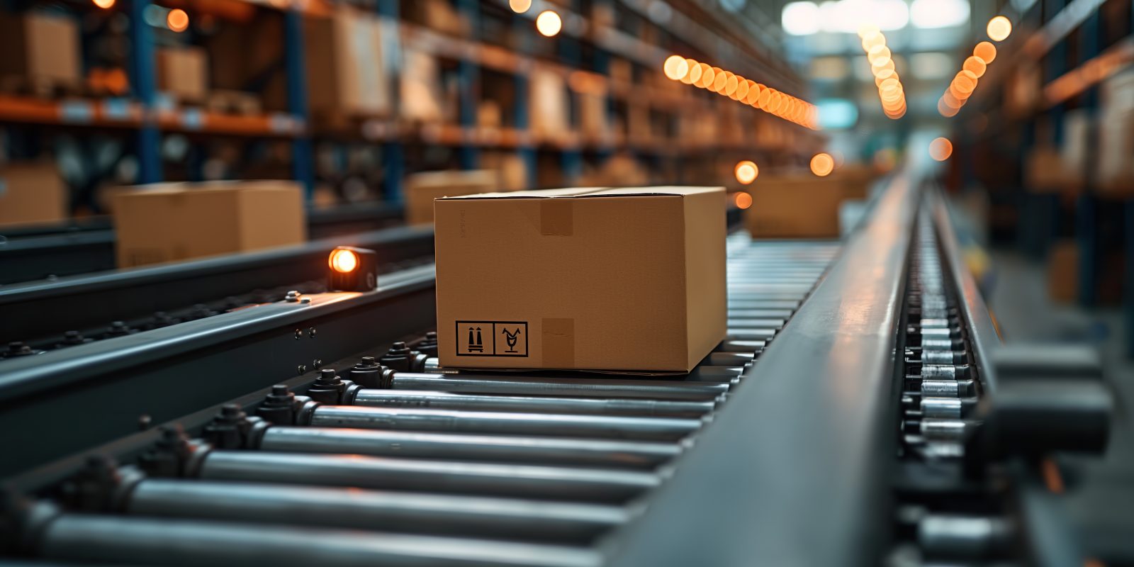 Cardboard box moving along a rollerbed conveyor inside a warehouse.