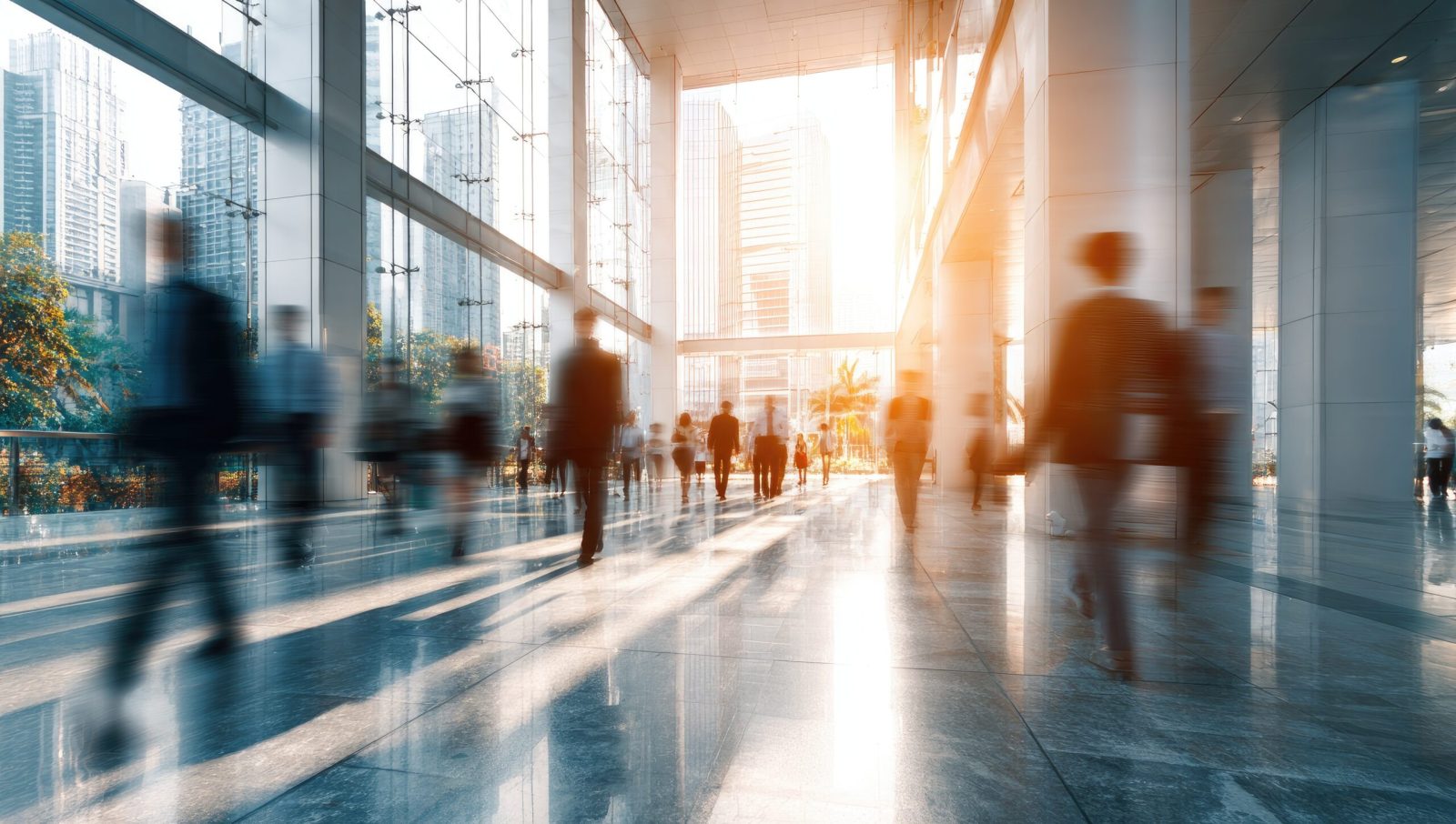 Blurred business professionals moving through a modern office lobby.